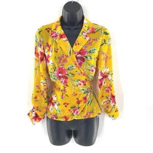 Kut From The Kloth Felicity Floral Print Wrap Top Blouse Yellow Sz XS Roll Tab - Picture 1 of 14