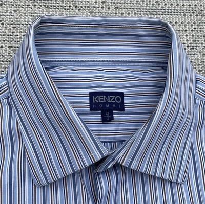 Kenzo Homme Stripe Shirt Men's 17" XL Blue 100% Cotton Long Sleeve Chest Pocket - Image 1 of 4