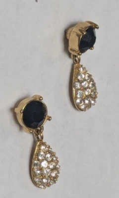 Pendientes colgantes de cristal gema negra tono oro poste 1 pulgada drop vintage sin firmar Foto 1 de 4