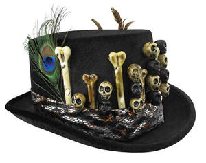 Adult Black Voodoo Top Hat Skull Bones Feather Witch Doctor Costume Headpiece - Picture 1 of 8