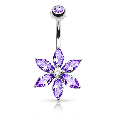 Marquise Cut CZ Flower Petal Surgical Steel Navel Belly Button Ring 14g 3/8" - Image 1 of 4