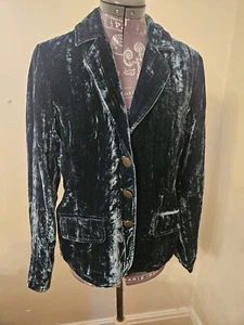 Chico's Velvet Blazer Jacket Sz 1 Teal Blue Crushed Velour Rayon Silk Blend  - Picture 1 of 15
