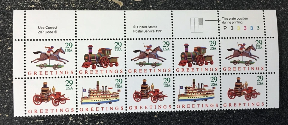1992USA #2711-2714 29c Toys Christmas Greetings - Top Plate Block of 10(#P33333) - Image 1 of 1