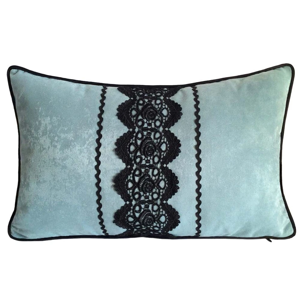 Faux Suede Guipure Applique Turquoise Green 12"x20" Pillow Case/Cushion Cover - Image 1 of 4
