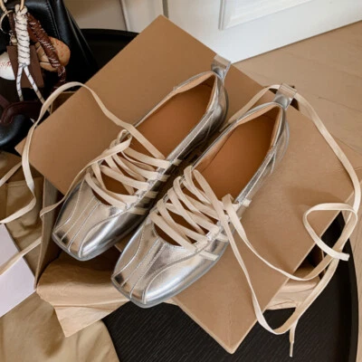 Womens Lace Up Real Leather Sheepskin Mary Jane Shoes Low Heel Casual Square Toe - Image 1 of 4