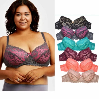 Lot of 3 Women 34DD-44DD Cup Underwire Floral Lace Overlay and Wings Push Up Bra - Image 1 of 4