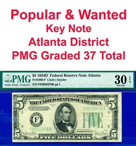 1934D $5 Federal Reserve Note PMG 30EPQ rare PMG graded 37 Atlanta Fr 1960-F - Picture 1 of 4