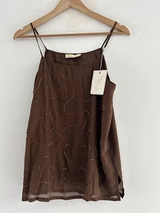 Pura Seta Silk Top Women’s Large Sleeveless Brown Beaded - Picture 1 of 14