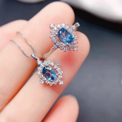 0.5CT Oval Cut Natural Blue Topaz Women's Ring & Necklace 14K White Gold Finish - Image 1 of 4