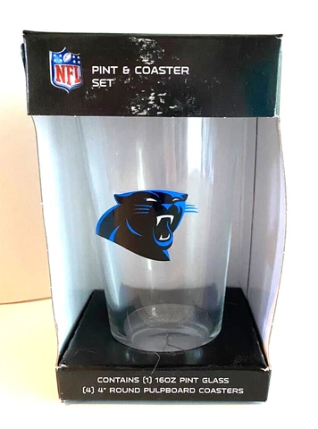 CAROLINA PANTHERS The Memory Company 16oz Pint Glass With 4 Coasters NFL Cover