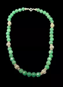 Vintage Sterling Silver and Jade Round Faceted Beaded Necklace 16 Inches - Picture 1 of 6