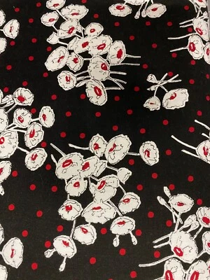 WHITE POPPY FLORAL RED DOTS BLACK BACKGROUNG COTTON FABRIC FQ - Image 1 of 2
