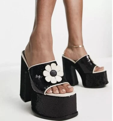 🖤 Shellys London Black Ivory Sequin Flower Platform Chunky Mules 7 40 New - Изображение 1 из 2