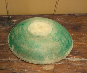 Antique Wood Bowl in Green Paint Out of Round Wooden 11 1/8" x 10 3/8" Primitive - Picture 1 of 17