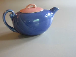Handmade Blue Ceramic Teapot with Pink Lid Swirl design 20 ounces - Picture 1 of 10