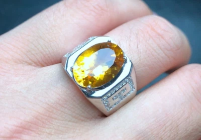 Oval Cut 10 Carat Deep Yellow Citrine Sterling Silver 925 Handmade Mens Ring - Image 1 of 4