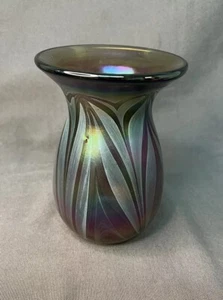 Vaso in vetro artistico soffiato a mano iridescente con piuma tirata rossa - Foto 1 di 11