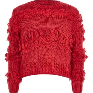 River Island Girls 11-12 Years 152cm Fringe Trim Knit Red Jumper Pullover New - Picture 1 of 3