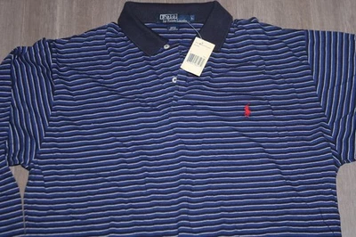 VINTAGE 90s POLO RALPH LAUREN MENS LONG SLEEVE POLO SHIRT BLUE STRIPED LARGE NWT - Image 1 of 4