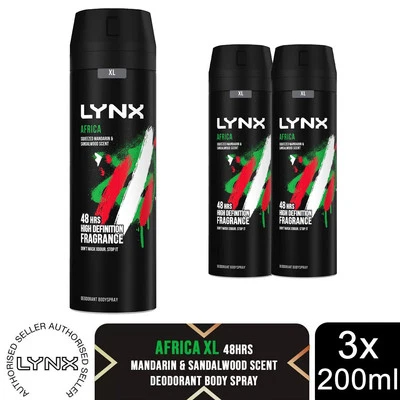 Lynx XL Africa 48H Deodorante Spray Corpo Profumo Mandarino e Sandalo Spremuto, 3x200ml