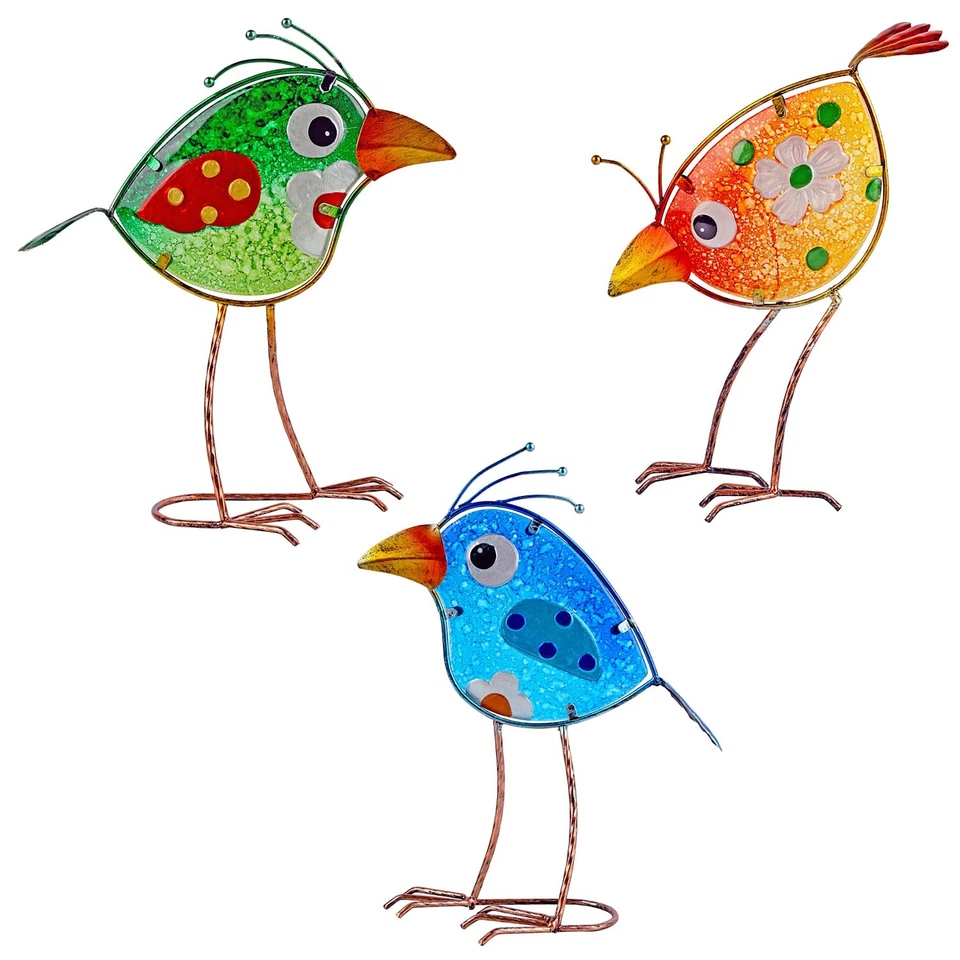 Outdoor Statue Metal Bird Decor Glass Garden Art Decorative for Patio Yard 3pcs