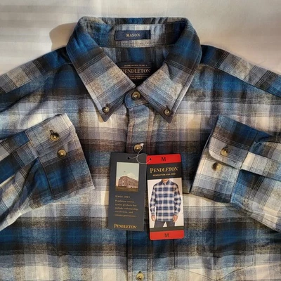 Camisa de franela Pendleton Mason para hombre M azul gris a cuadros algodón con botones Foto 1 de 4