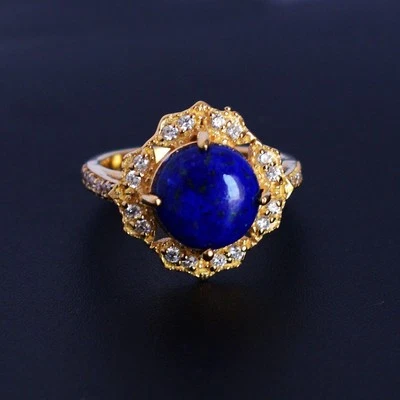 Anello Lapislazzuli Pietra Preziosa Naturale Argento 925 Placcato Oro... - Immagine 1 di 4