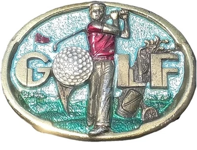 Hebilla de cinturón vintage de metal y latón para golf The Great American Buckle Company 1983 Foto 1 de 2