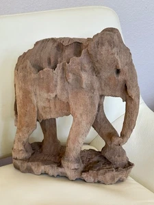 "ESTATUA DE ELEFANTE DE MADERA DE TECA CHORRO DE ARENA DE TAILANDIA DE COLECCIÓN 12,5"" X 11" - Imagen 1 de 7