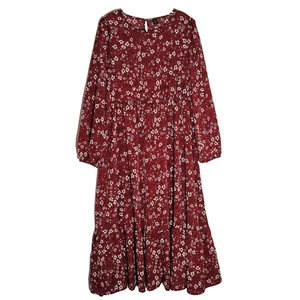 Shein Curve Kleid Damen 2XL Rot Blumen Langarm Maxi Stufen Rüschen Boho Plus - Bild 1 von 14