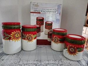Vintage Sunflower Fine Ceramicware 4 Canisters Set New in Box - Picture 1 of 8