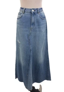 M&S Women's Denim Maxi Skirt Blue Distressed Raw Trim Zip Pockets Cotton New F1 - Picture 1 of 25
