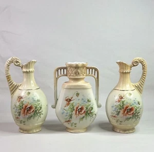 Set Of 3 Antique Staffordshire? Blush Ware Victorian Mantle Gilded Vase & Ewer - Picture 1 of 12