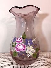 FENTON Purple Amethyst Glass Floral Ruffled Hand Painted Vase 8"h