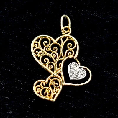 3 сердца 14k двухцветный золотой бриллиант подвеска со свитками и молозивом филигрань - Изображение 1 из 4