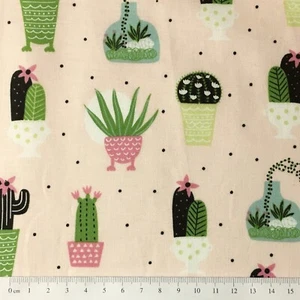1/2 Metre Cactus Plants With White Polka Pink Cotton Quilting Fabric - Picture 1 of 1