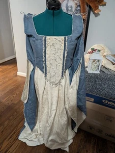 Renaissance Medieval Royal Noble Queen Beaded Dress Blue And Cream - Picture 1 of 8