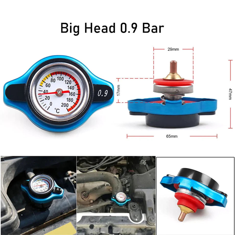 0.9 BAR Car Thermostat Radiator Cap With Water Temp Gauge Accessories Big Head Foto 1 de 4