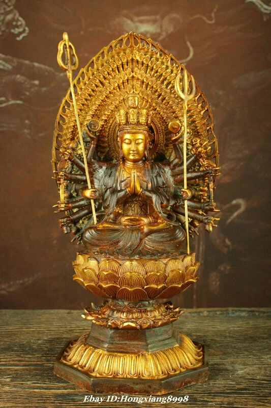 11" Old Tibet Bronze Gilt Temple 1000 Arms Kwan-yin Quan Guan Yin Buddha Statue - Image 1 of 4