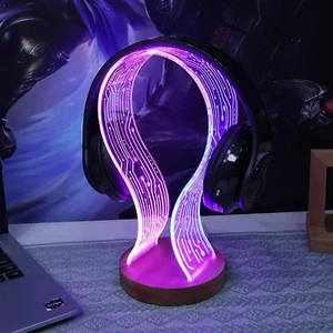 Headphone Stand Wood Headset Holder Blue Pink LED Night Light Gamers Men Music - Picture 1 of 1