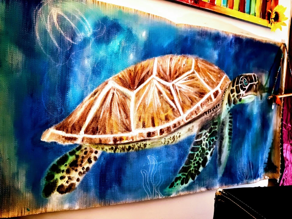 Large Hand Painted Turtle Tapestry - Image 1 of 1