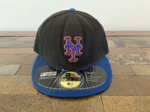 New York Mets New Era 59fifty Mütze tailliert Größe 6 7/8 schwarz Hut und blauer Schirm - Bild 1 von 9