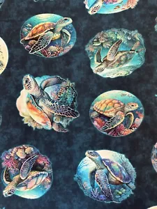 ENDLESS BLUES SEA TURTLE VIGNETTES TEAL BY QUILTING TREASURES OCEAN FABRIC HY - Picture 1 of 6