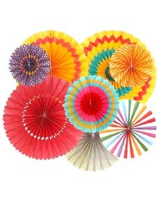 8pcs Fiesta Taco Bout It Multi Color Theme Round Hanging Rosette Paper Fans - Picture 1 of 5
