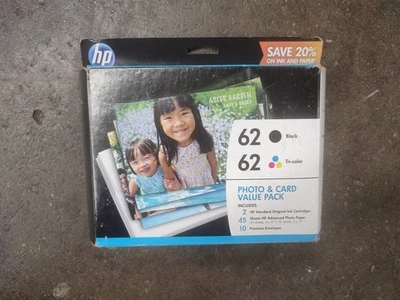 HP Cartridges & Photo Paper Kit: Model 62, Black, Tri-color  Sealed Exp Mar 2023 - Image 1 of 3