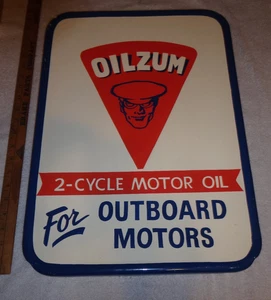 VINTAGE OILZUM OUTBOARD BOAT MOTOR OIL 21" X 15" SELF FRAMED METAL GASOLINE SIGN - Picture 1 of 24