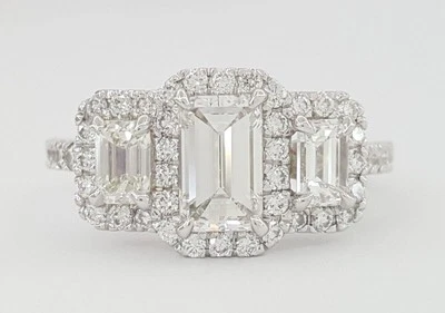 Emerald Cut Diamond Halo 3 Stone Engagement Ring 14K W Gold 1.63 ct GIA Rtl 10K - Image 1 of 4