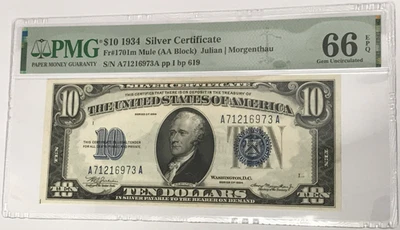 1934 $10 Silver Certificate PMG 66 Gem Uncirculated EPQ Fr#1701m AA Block Mule - Image 1 of 2