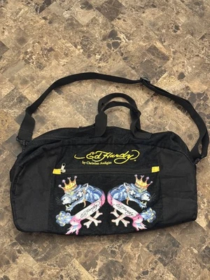 复古 Ed Hardy By Christian Audigier 双豹黑色行李袋 带肩带 — 第 1/4 张图片
