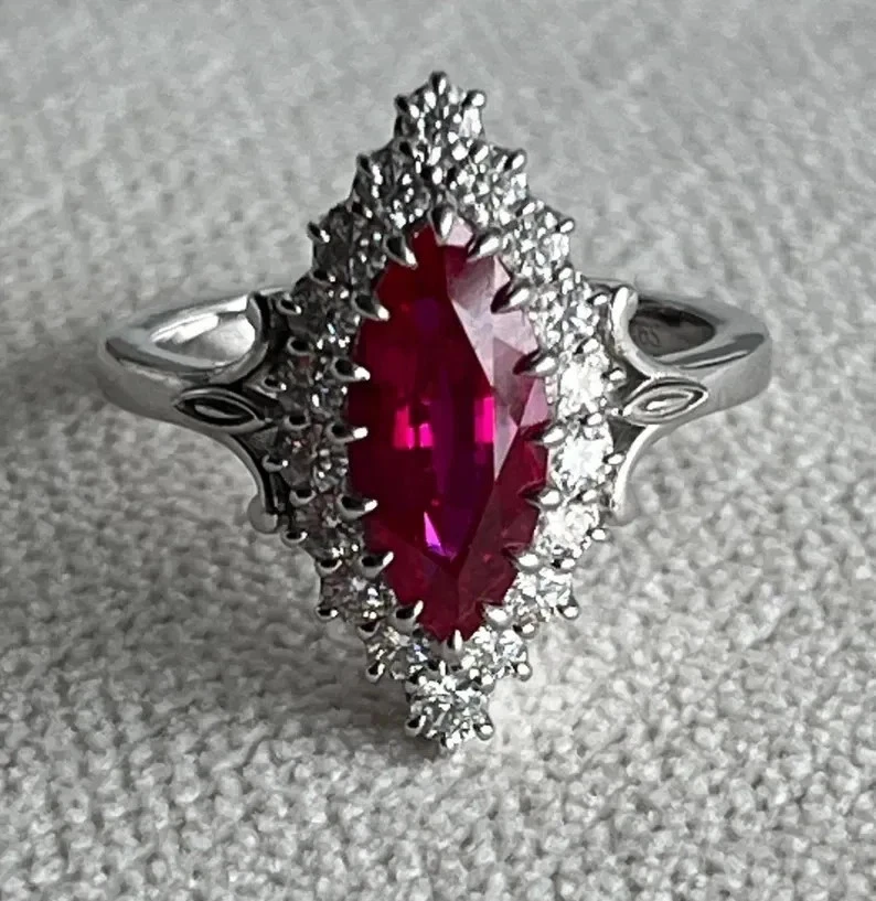 Marquise Cut 3.00 Ct Natural Ruby & Diamond Wedding Ring Solid 18K White Gold - Image 1 of 4
